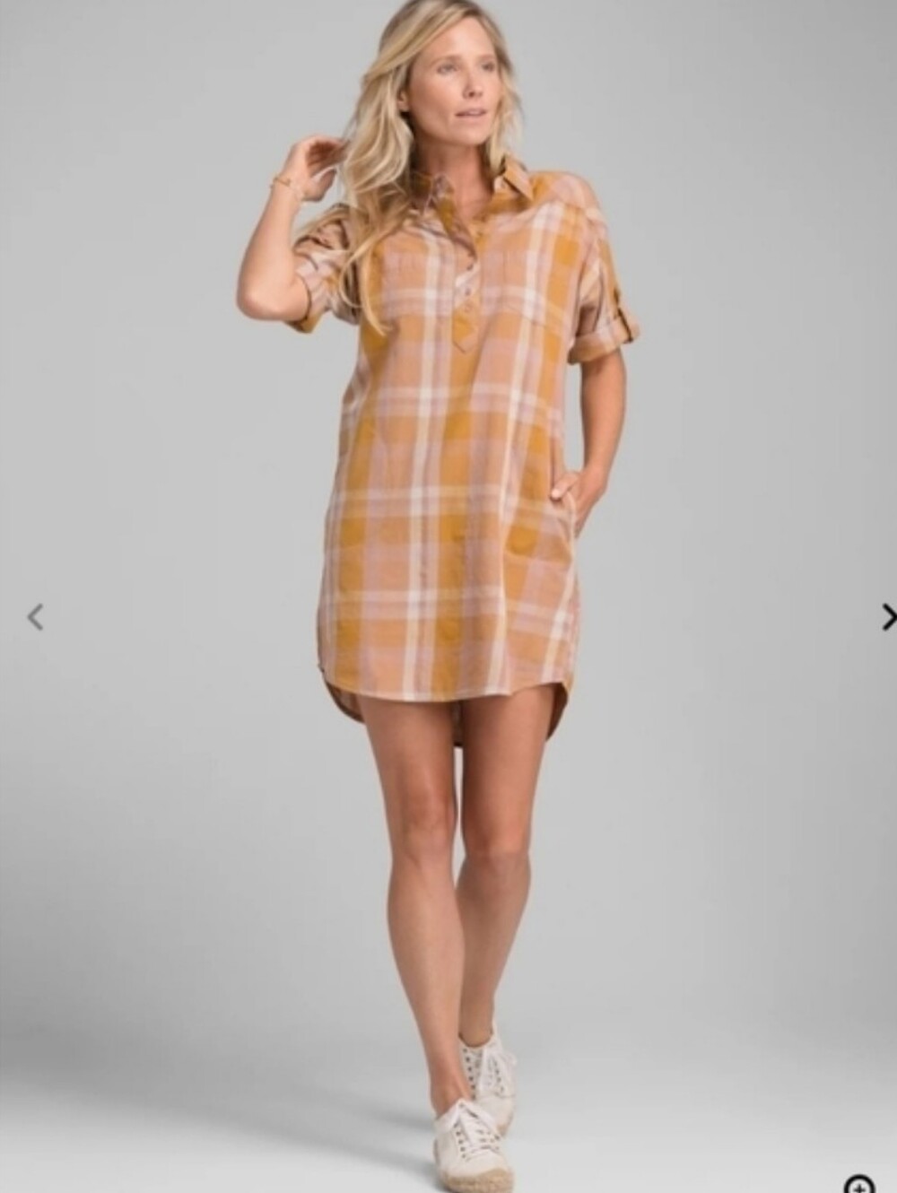 Prana Mustard Pink Plaid Collard Button Down Shirt Dress Outdoors Western Medium